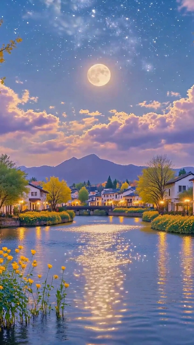 星空月夜河畔小镇风光