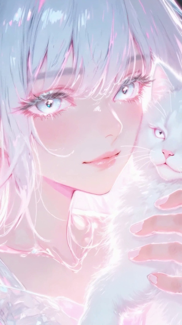 荧光白毛少女和猫