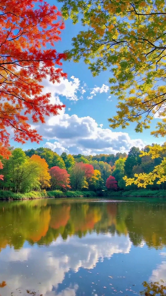 绚烂秋日河畔唯美风景