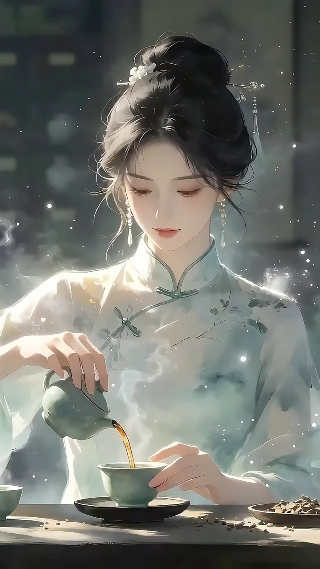 倒茶的国风水墨旗袍少女