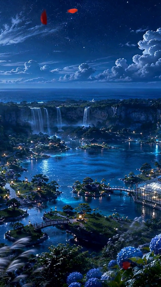 月夜瀑布花海
