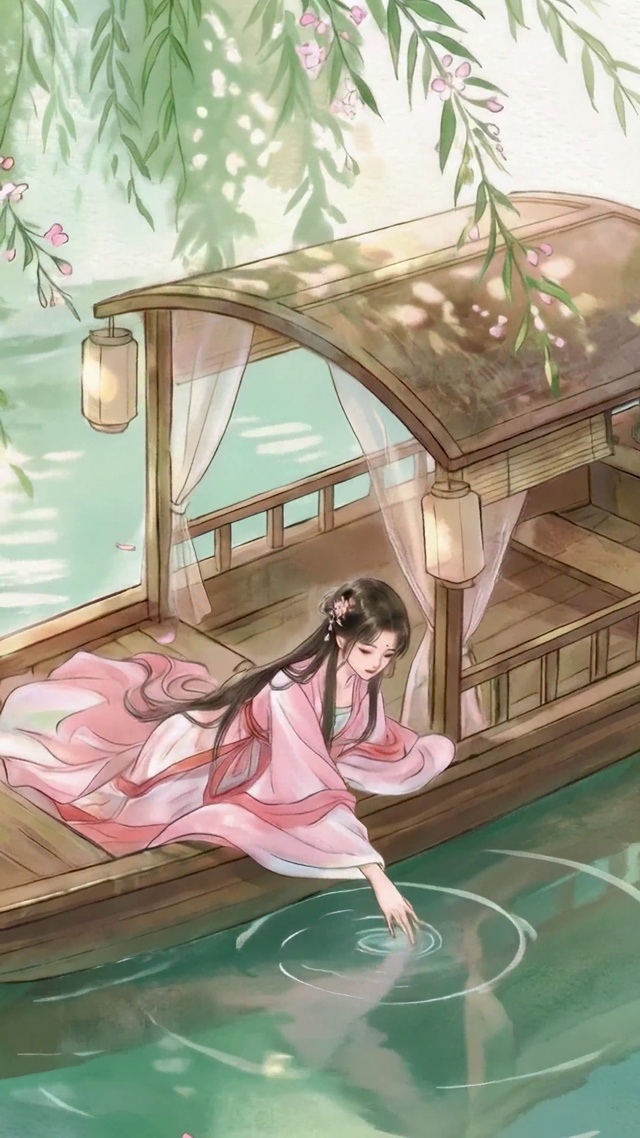 樱花河畔古风情侣泛舟