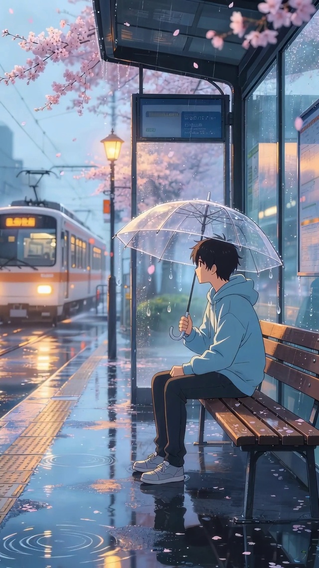 雨中撑伞少年