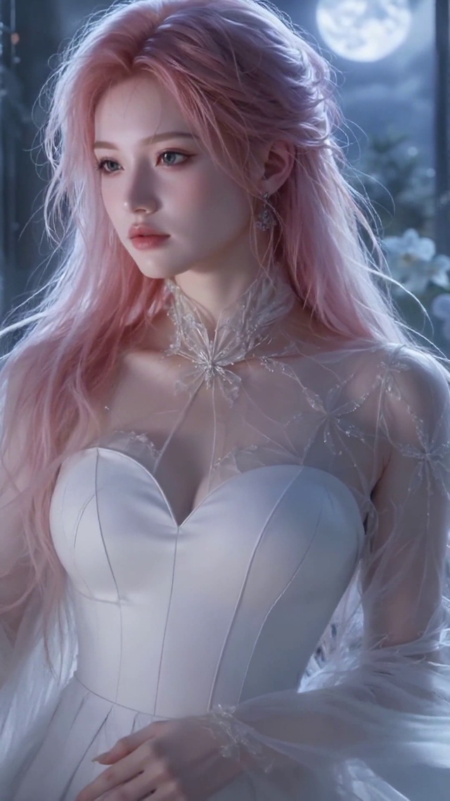雨夜窗边粉发温柔美少女