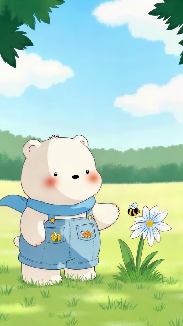 春日草地上的围巾小白熊