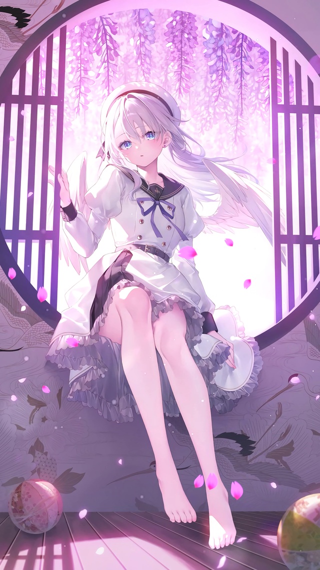 唯美窗边紫藤花下少女