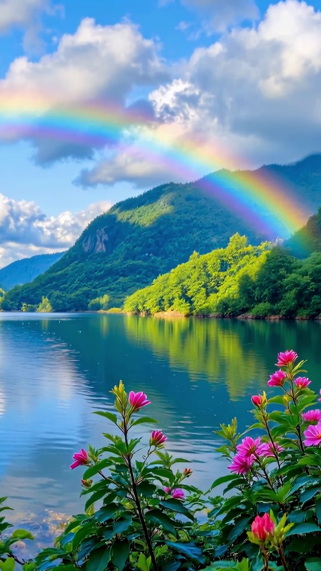 湖面上的彩虹与青山