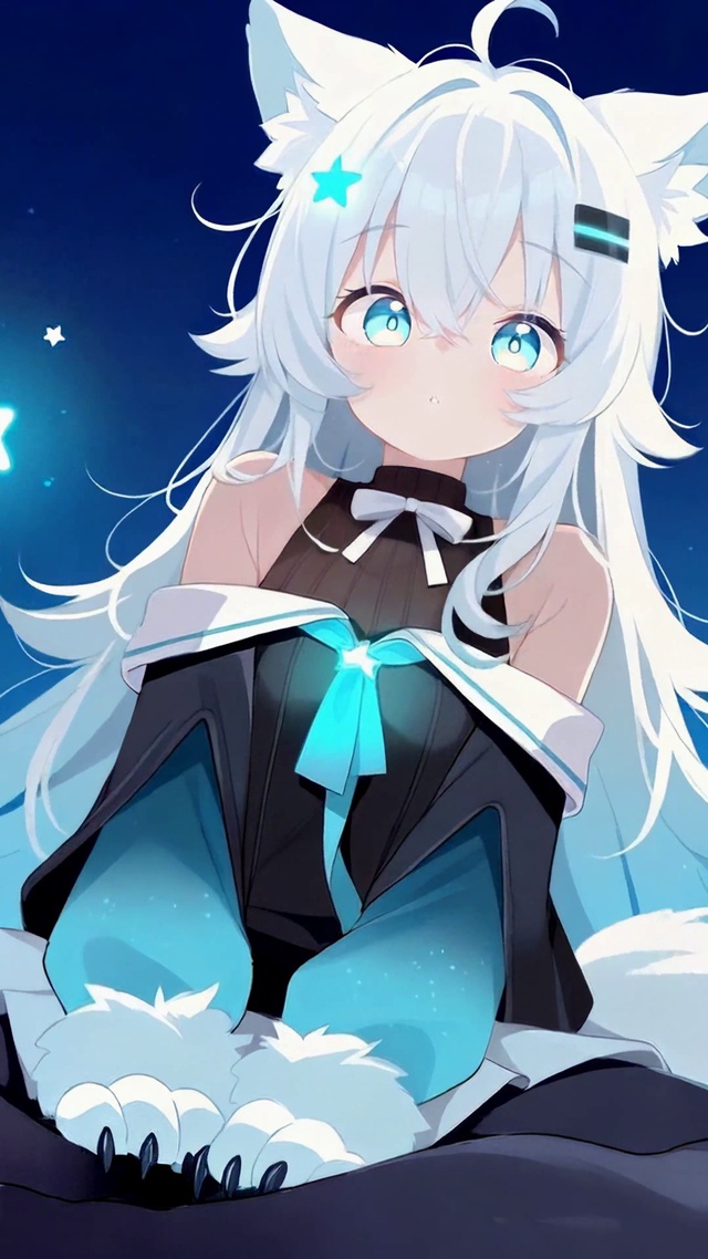 星空下的白发狐耳美少女