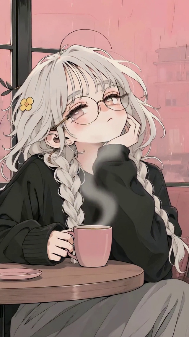 雨天咖啡馆的慵懒少女与猫