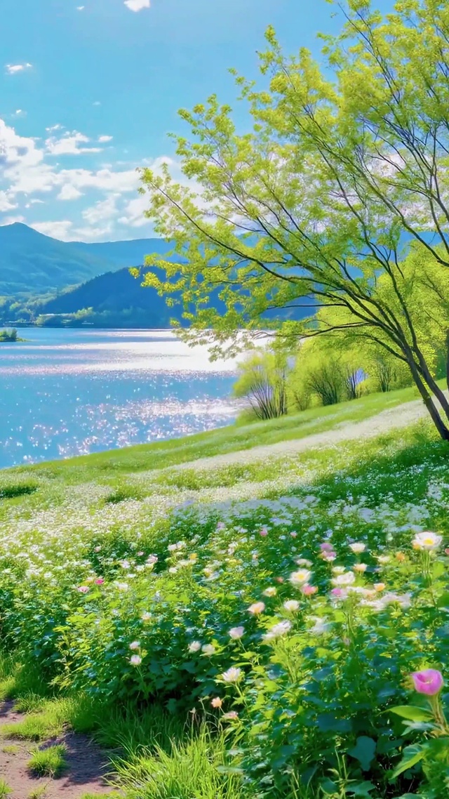 春日湖畔清新花海风光