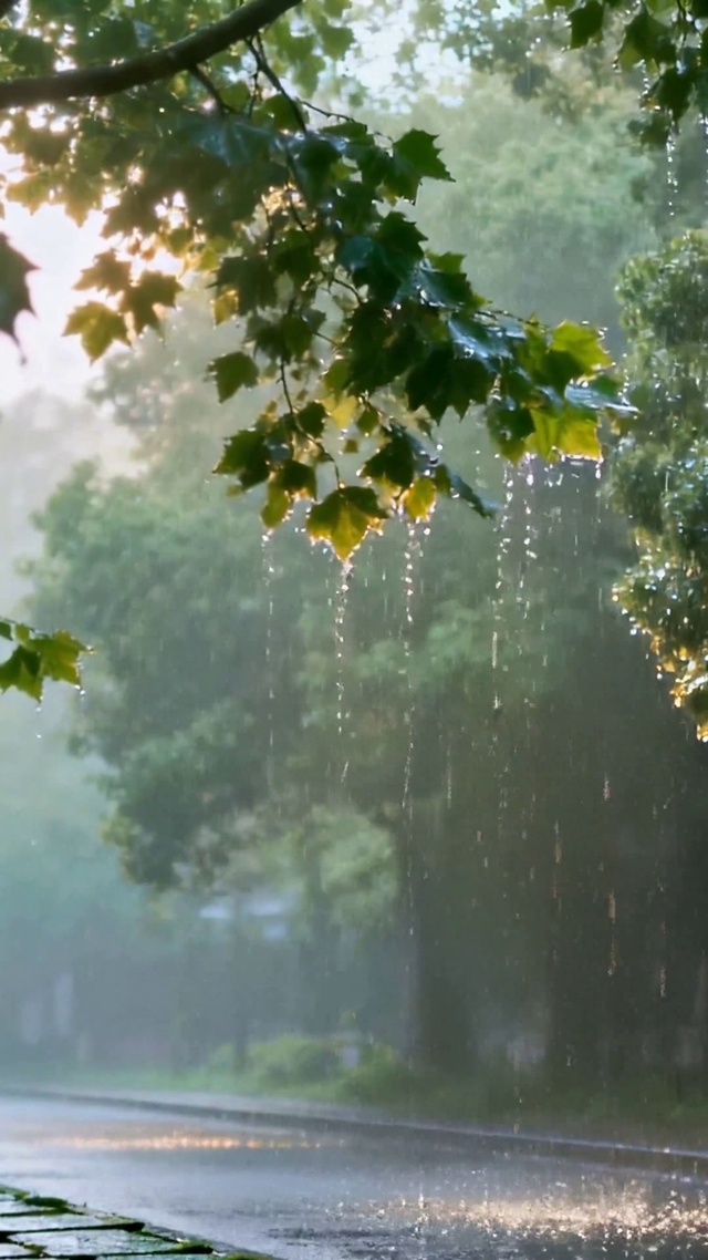 微光落雨林荫小道