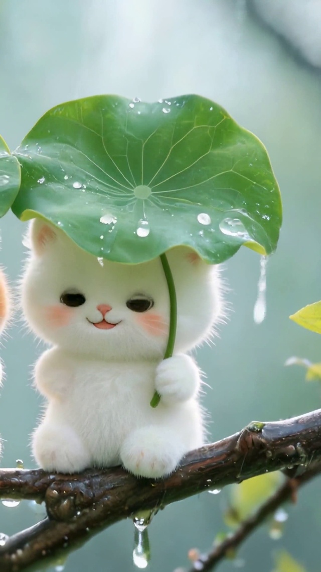 雨天撑荷叶的可爱小猫