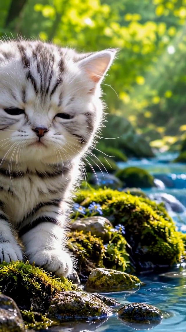 林间溪流边的可爱小猫