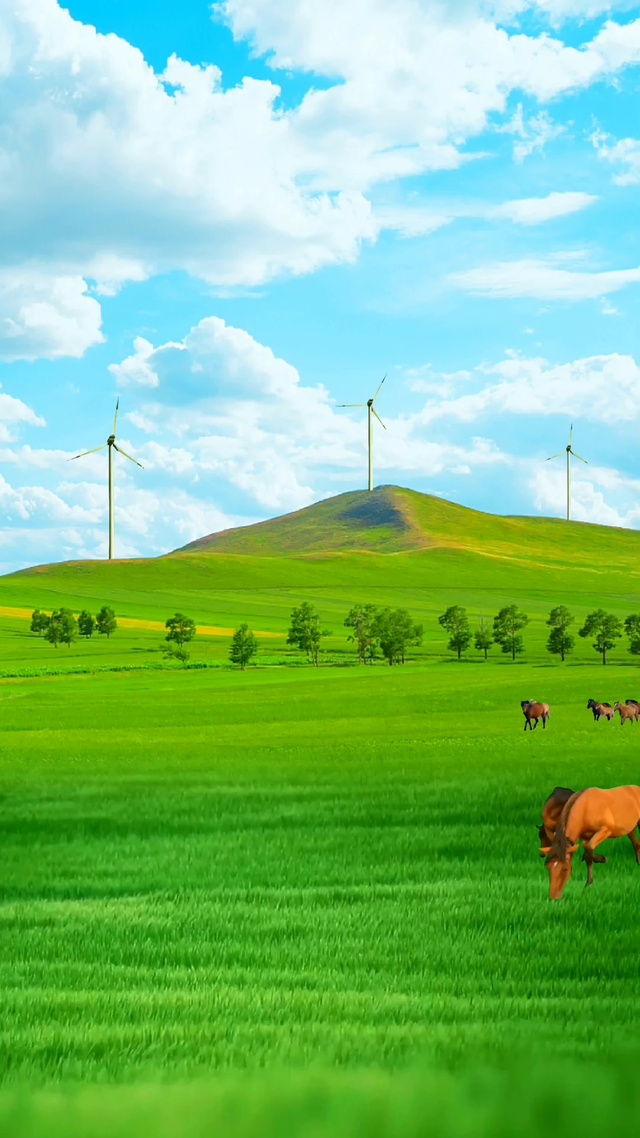 蓝天白云绿草地放马