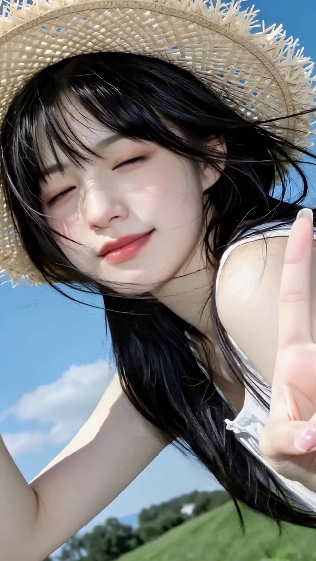 晴空草地清纯草帽美女