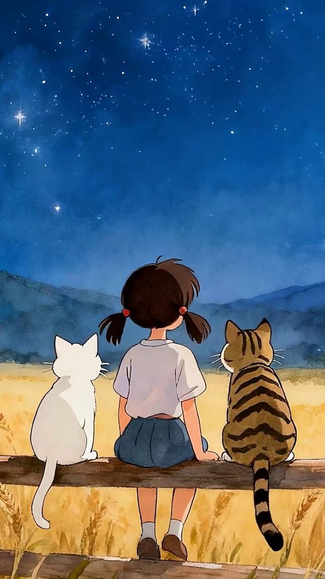 夜景星空女孩与猫咪