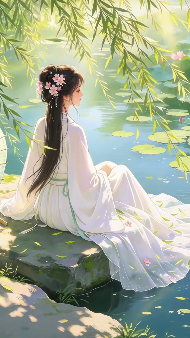 荷花池旁美女