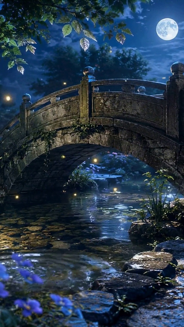 月夜石桥花涧唯美夜景