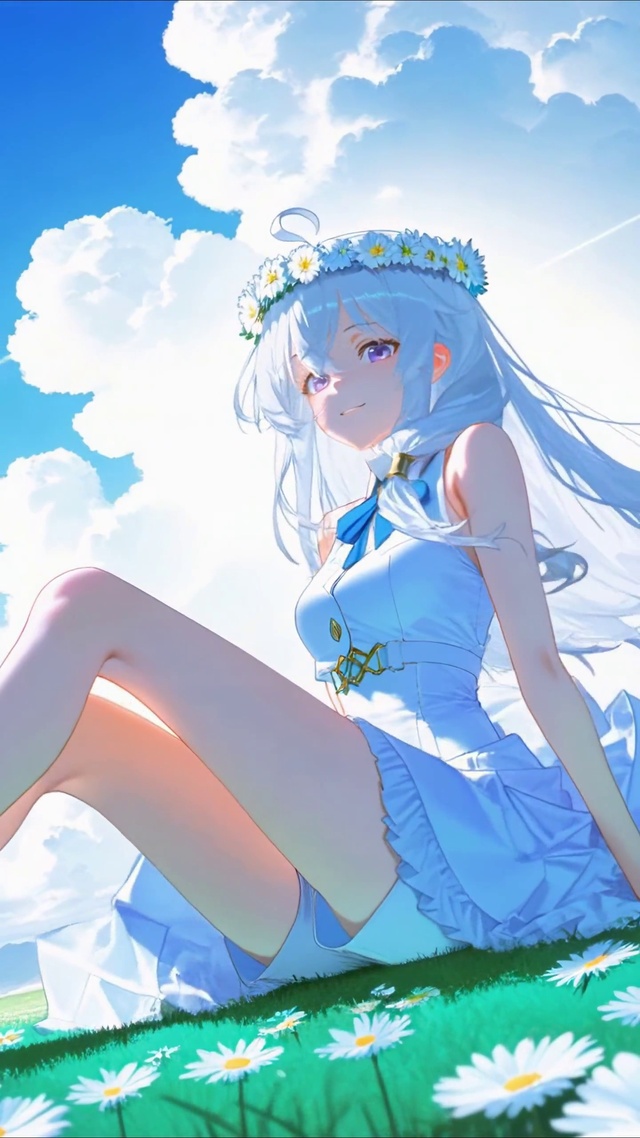 晴空草地雏菊银发美少女