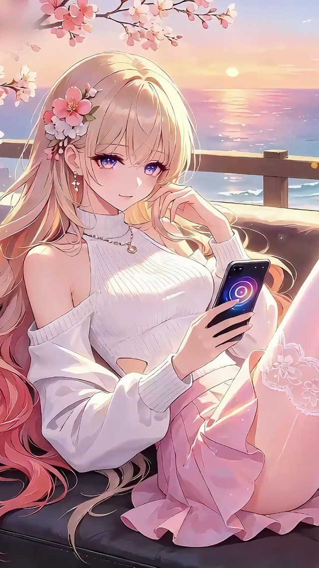 夕阳海景刷手机少女（限免）