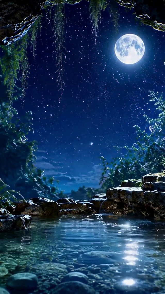 月夜洞穴静谧溪流
