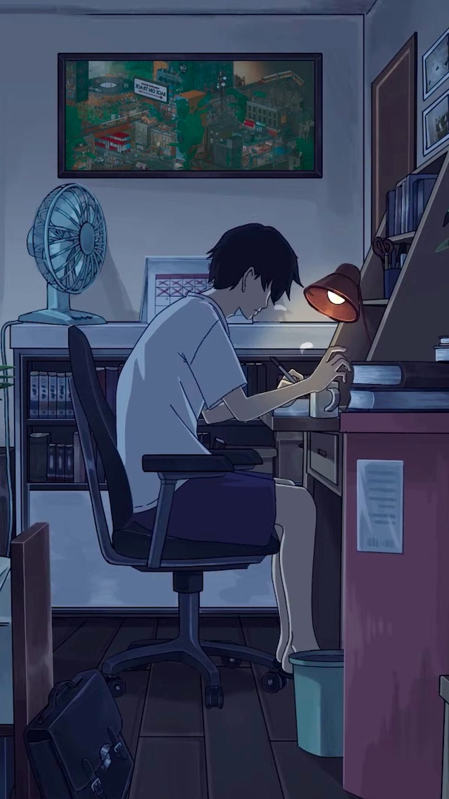 动漫深夜学习的男孩