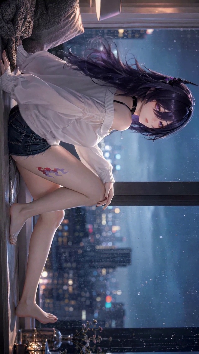 雨夜窗边紫发动漫美少女