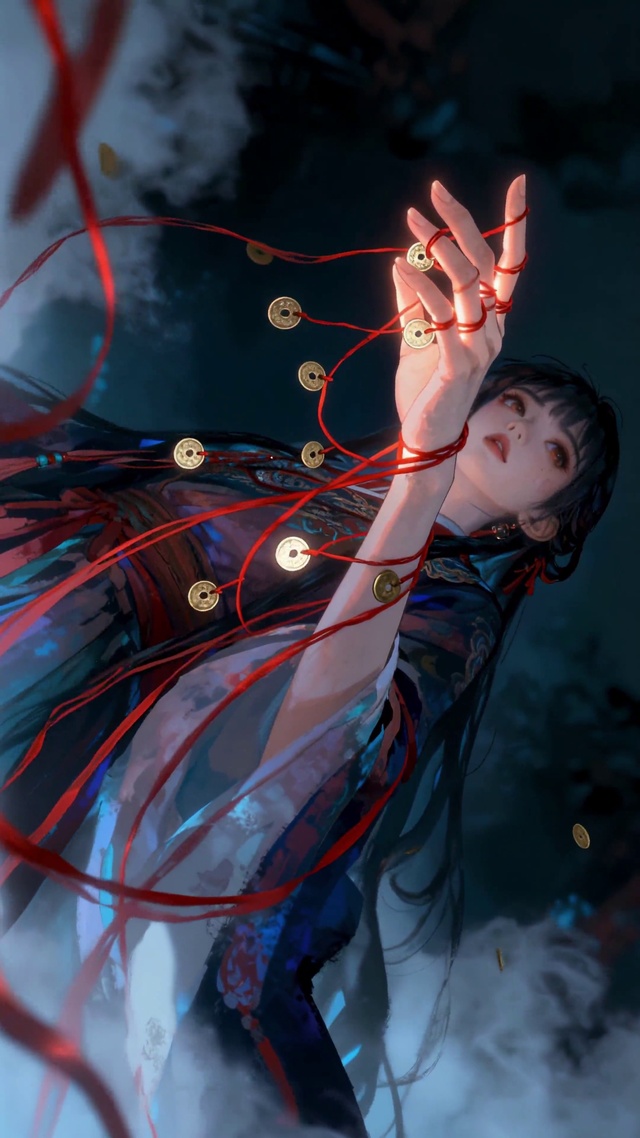 古风红绳命理师铜钱缠绕神秘术法