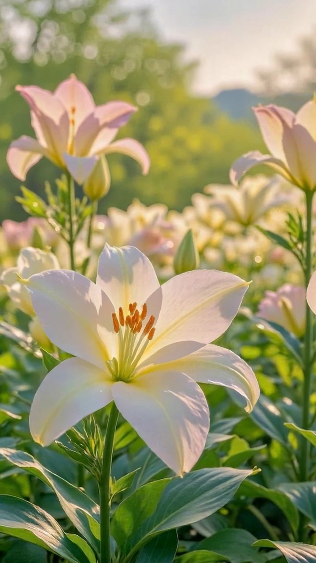 晨光下的清新百合花园