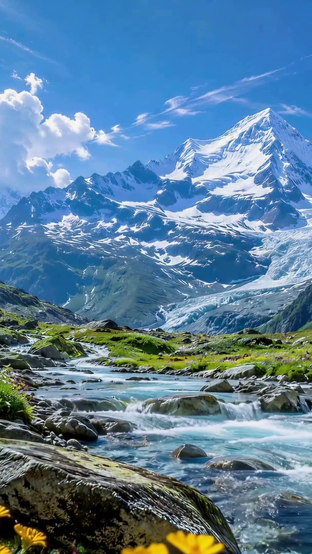 清新雪山溪流治愈自然风光