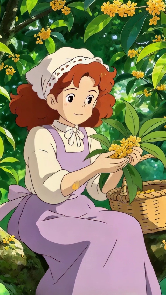 秋天桂花树摘花的动漫少女