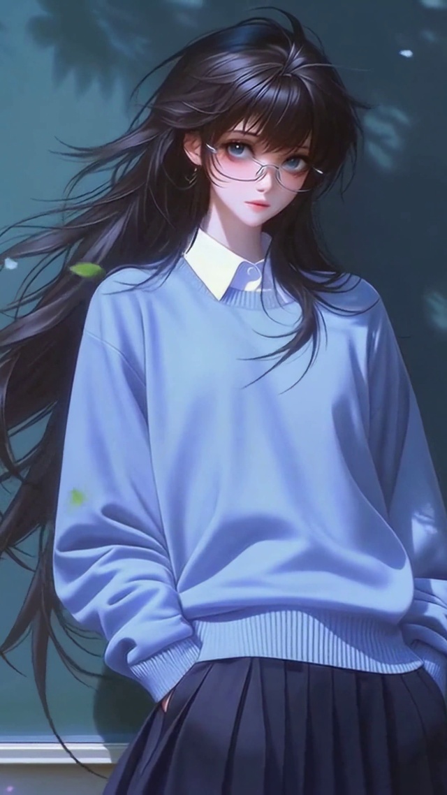 蓝墙花丛女孩