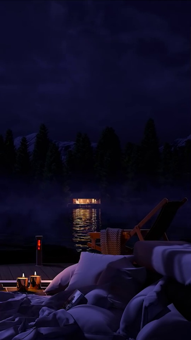 夜晚舒适的湖畔景色