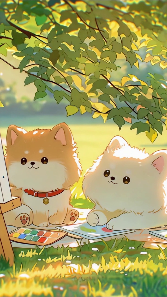 树荫下的狗狗画家二人组