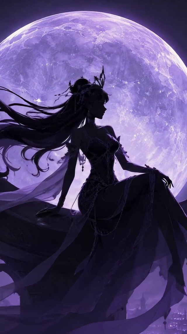 紫月星空下的暗夜女神剪影
