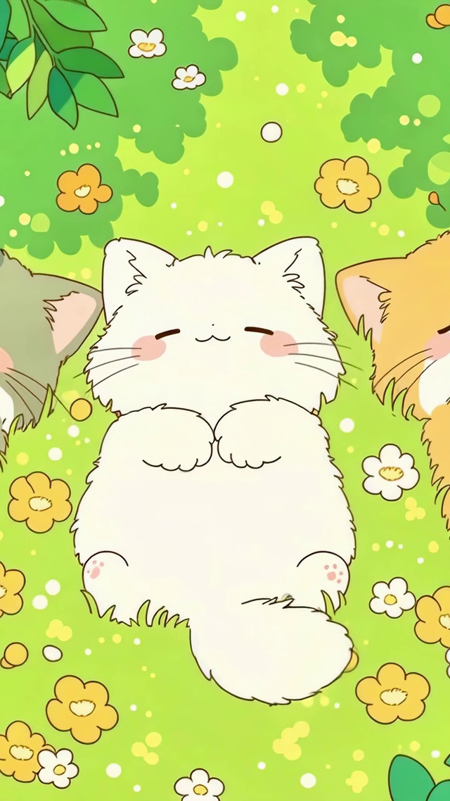 春日草地上打盹的三只小猫咪