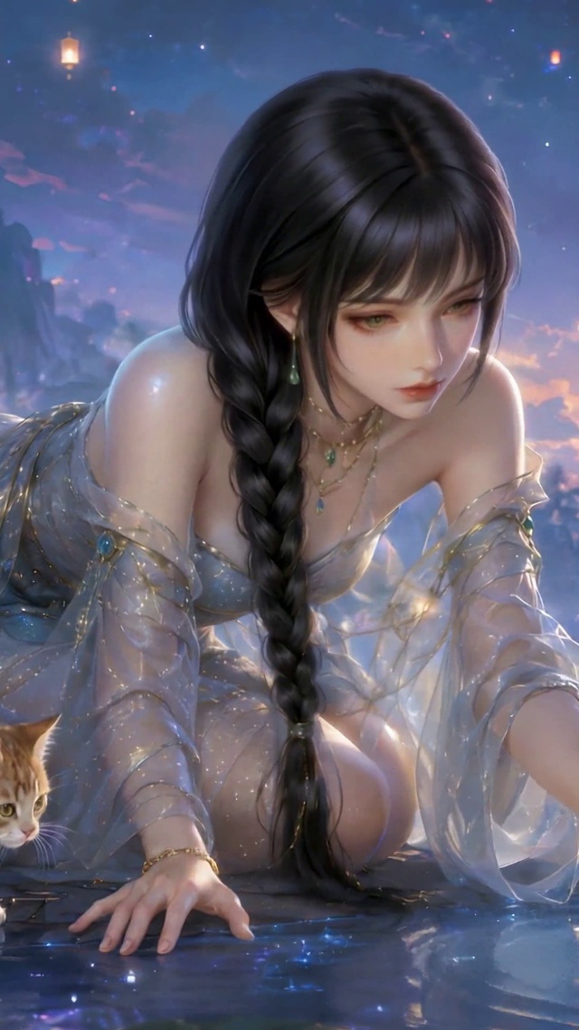 梦幻星空湖畔美少女与橘猫