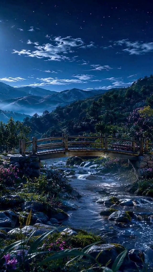 静谧月夜山间溪流美景