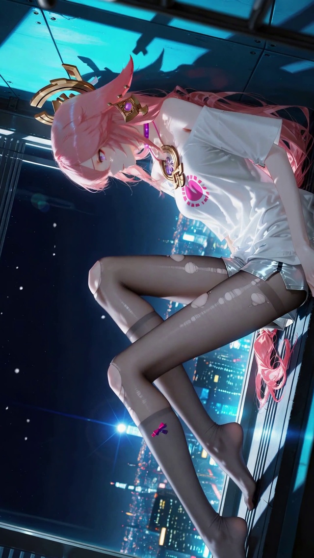 都市夜景窗边粉发美少女