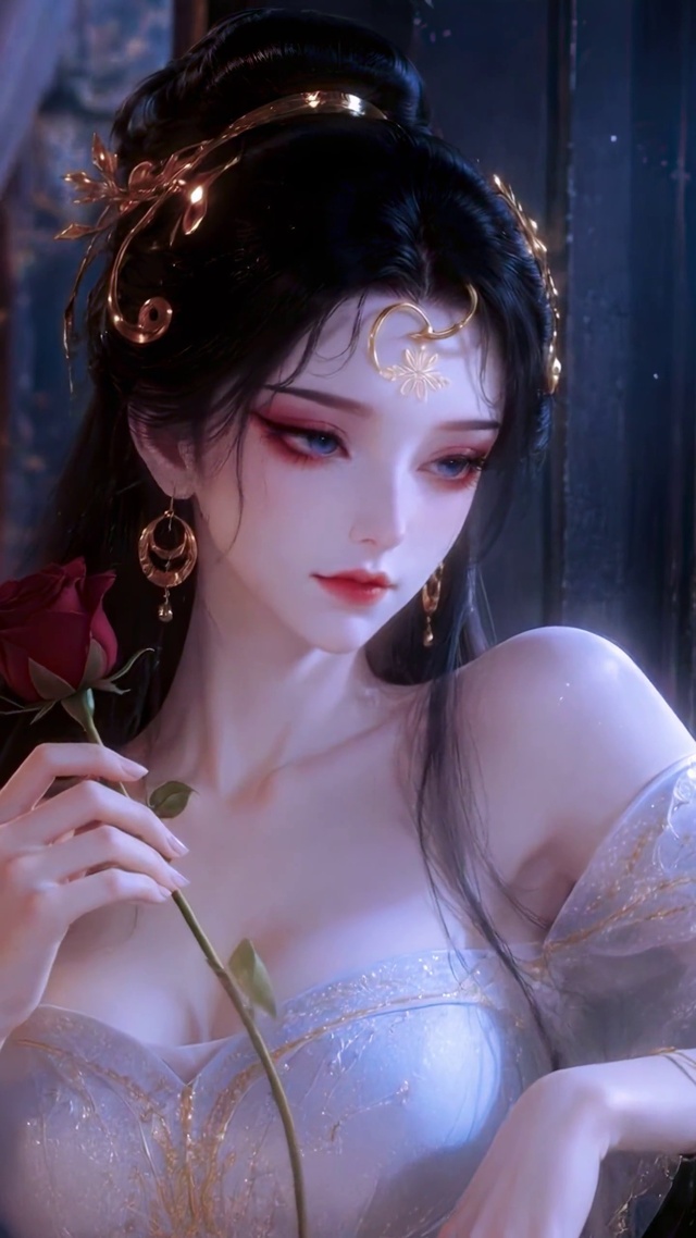 古风美人窗前持红玫瑰