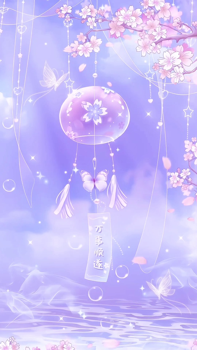 小清新紫色蝴蝶幸运风铃万事顺遂