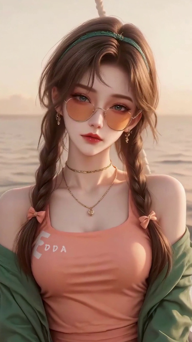 海上日落清纯少女