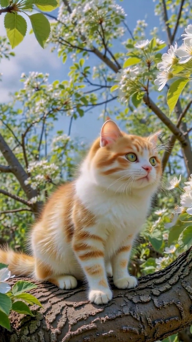 樱花树上的可爱橘猫