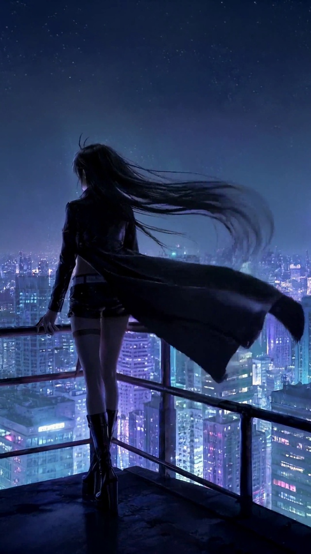 赛博雨夜都市天台长发少女