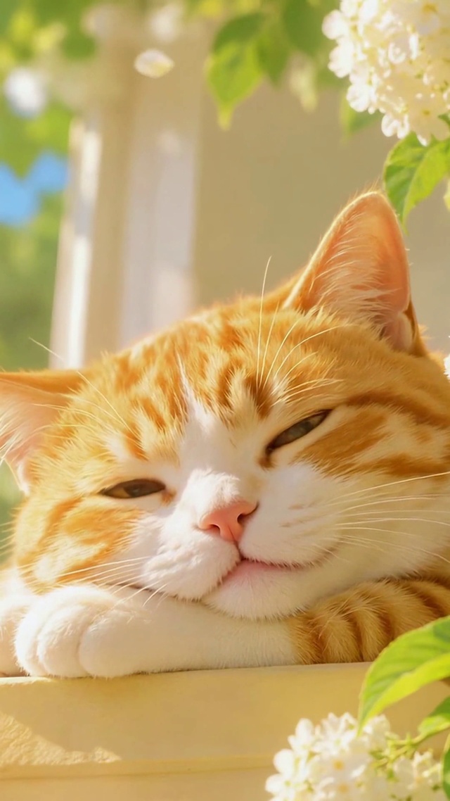 暖阳花畔酣睡的橘猫