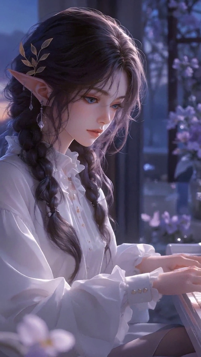 暮色窗边弹钢琴的精灵少女