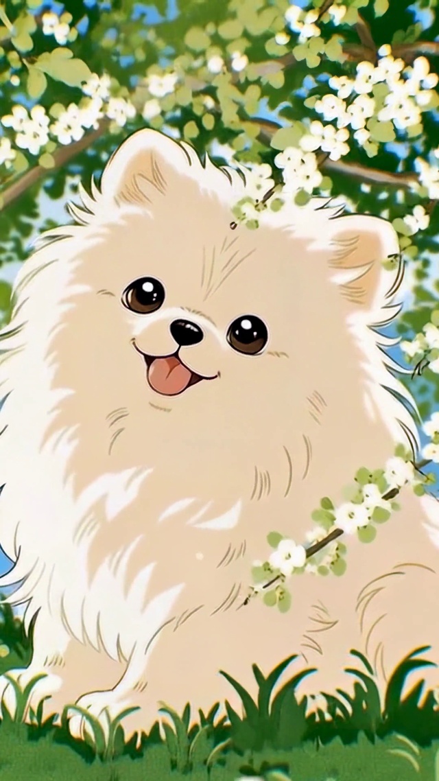 樱花树下可爱博美犬
