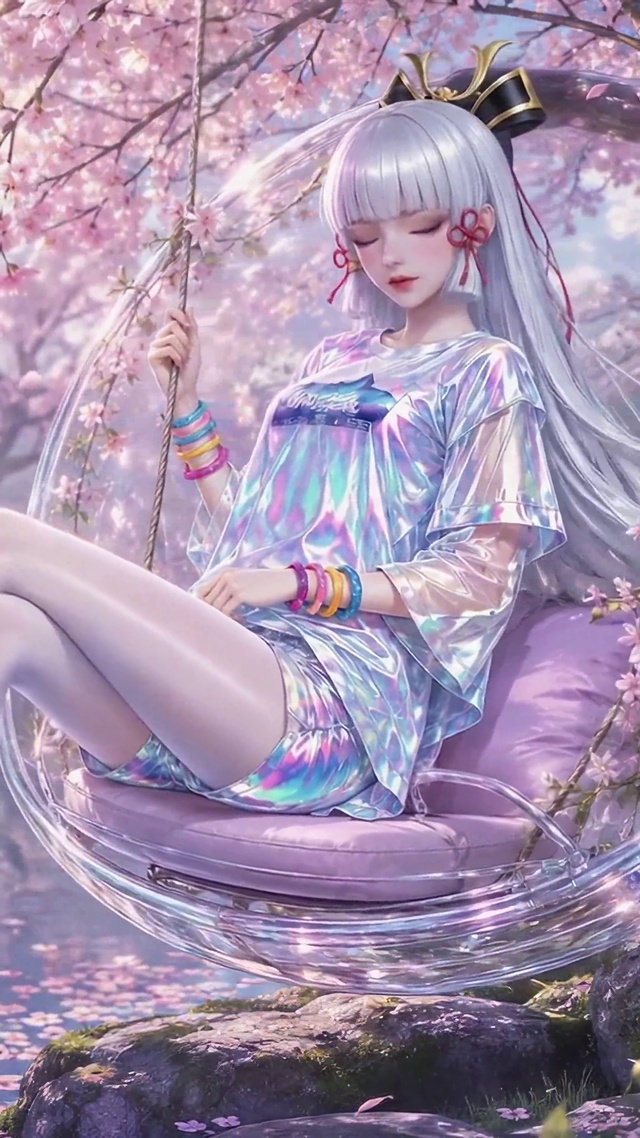 樱花树下的银发美少女