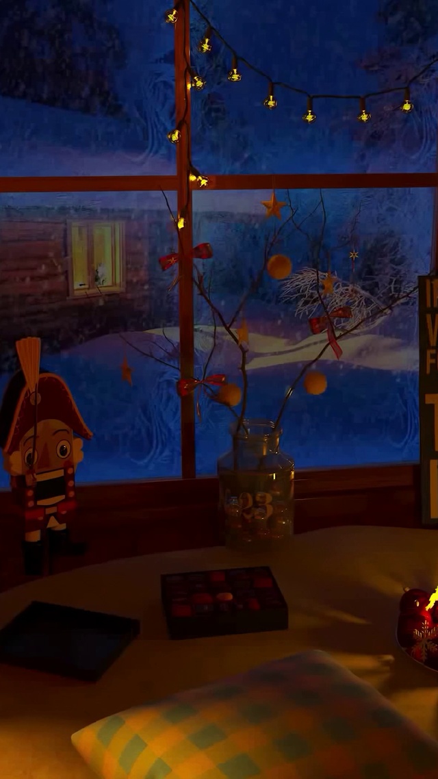 4K窗外飘雪夜晚房间