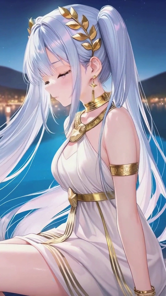 月夜湖畔银发美少女
